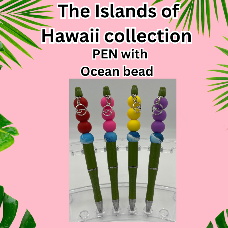 The Islands of Hawaii Collection Beaded Wristlet with Keychain, straight key ring, Beaded pens