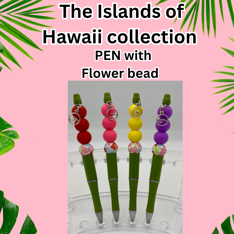 The Islands of Hawaii Collection Beaded Wristlet with Keychain, straight key ring, Beaded pens