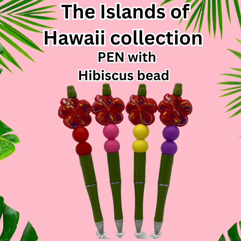 The Islands of Hawaii Collection Beaded Wristlet with Keychain, straight key ring, Beaded pens