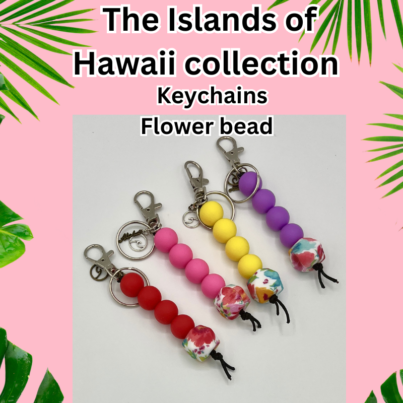 The Islands of Hawaii Collection Beaded Wristlet with Keychain, straight key ring, Beaded pens