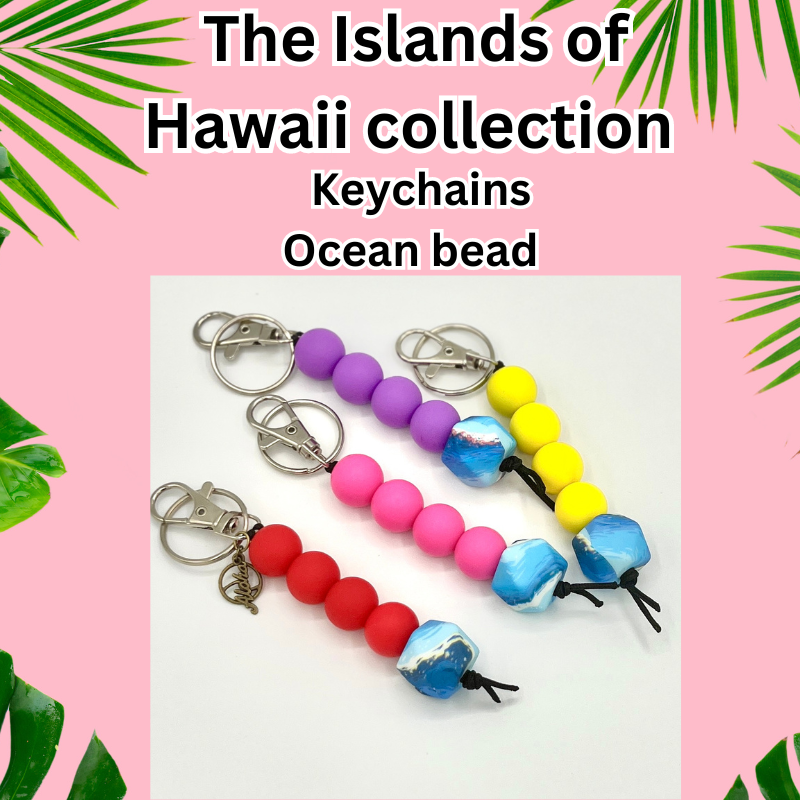 The Islands of Hawaii Collection Beaded Wristlet with Keychain, straight key ring, Beaded pens