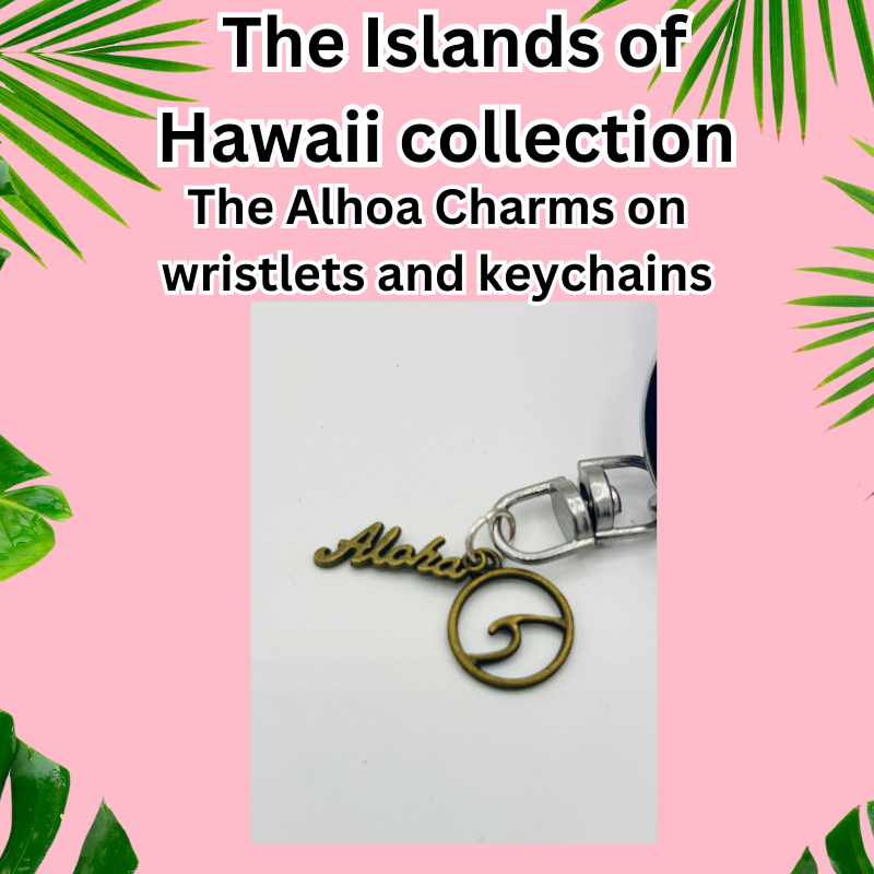 The Islands of Hawaii Collection Beaded Wristlet with Keychain, straight key ring, Beaded pens