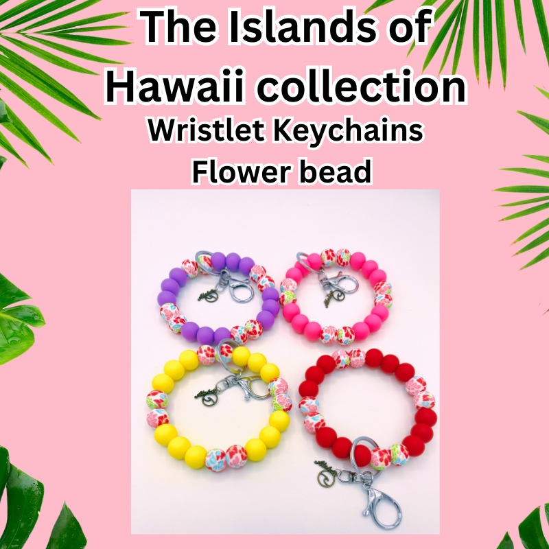 The Islands of Hawaii Collection Beaded Wristlet with Keychain, straight key ring, Beaded pens