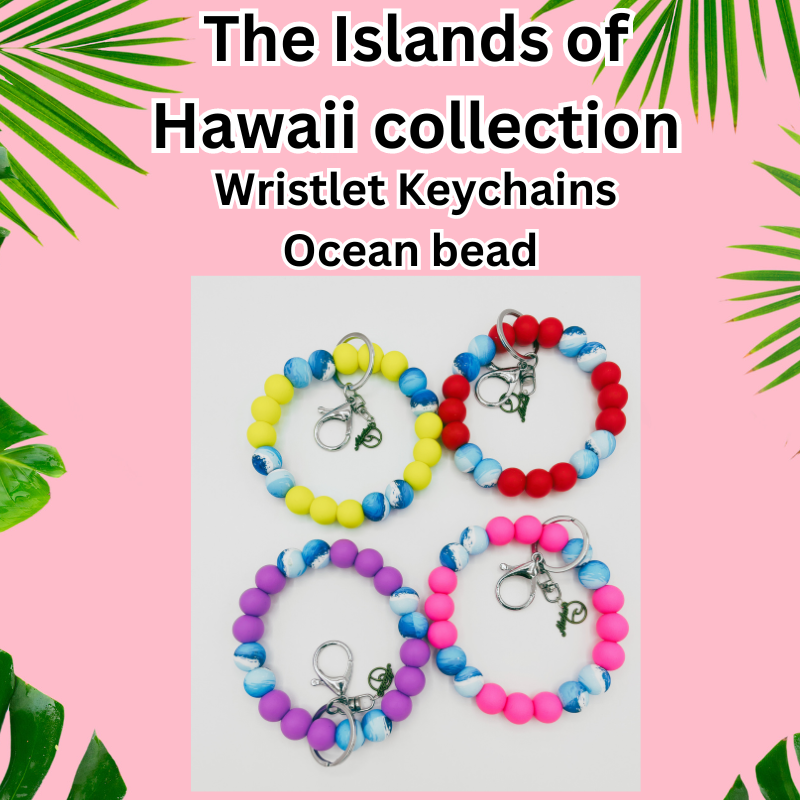 The Islands of Hawaii Collection Beaded Wristlet with Keychain, straight key ring, Beaded pens