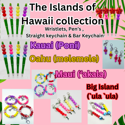 The Islands of Hawaii Collection Beaded Wristlet with Keychain, straight key ring, Beaded pens