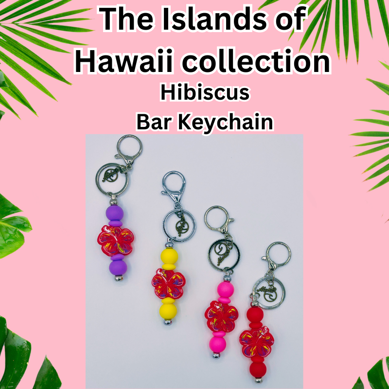 The Islands of Hawaii Collection Beaded Wristlet with Keychain, straight key ring, Beaded pens